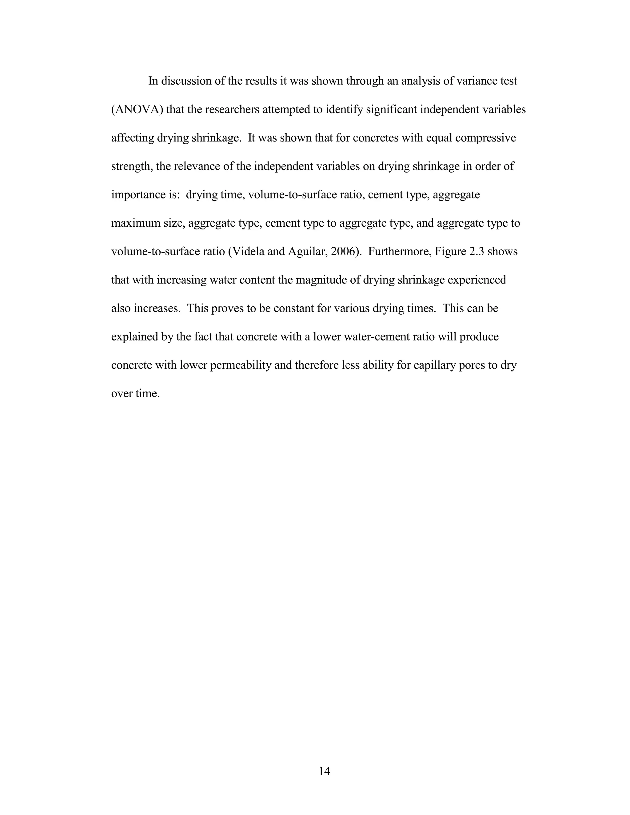 In discussion of the results it was shown through an analysis of variance test
(ANOVA) that the researchers attempted to identify significant independent variables
affecting drying shrinkage. It was shown that for concretes with equal compressive
strength, the relevance of the independent variables on drying shrinkage in order of
importance is: drying time, volume-to-surface ratio, cement type, aggregate
maximum size, aggregate type, cement type to aggregate type, and aggregate type to
volume-to-surface ratio (Videla and Aguilar, 2006). Furthermore, Figure 2.3 shows
that with increasing water content the magnitude of drying shrinkage experienced
also increases. This proves to be constant for various drying times. This can be
explained by the fact that concrete with a lower water-cement ratio will produce
concrete with lower permeability and therefore less ability for capillary pores to dry
over time.
14
 