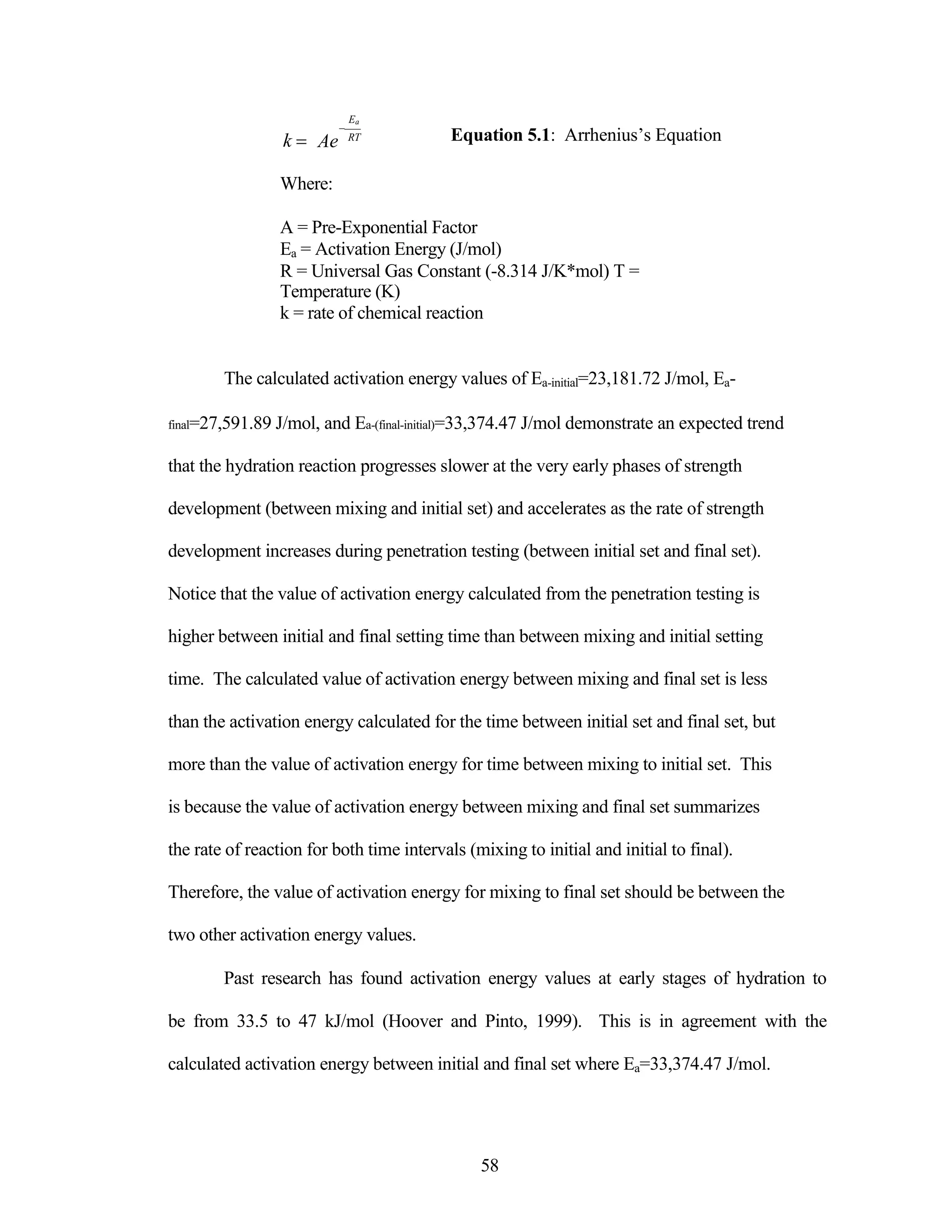 k 








Ae
Ea
RT Equation 5.1: Arrhenius‟s Equation
Where:
A = Pre-Exponential Factor
Ea = Activation Energy (J/mol)
R = Universal Gas Constant (-8.314 J/K*mol) T =
Temperature (K)
k = rate of chemical reaction
The calculated activation energy values of Ea-initial=23,181.72 J/mol, Ea-
final=27,591.89 J/mol, and Ea-(final-initial)=33,374.47 J/mol demonstrate an expected trend
that the hydration reaction progresses slower at the very early phases of strength
development (between mixing and initial set) and accelerates as the rate of strength
development increases during penetration testing (between initial set and final set).
Notice that the value of activation energy calculated from the penetration testing is
higher between initial and final setting time than between mixing and initial setting
time. The calculated value of activation energy between mixing and final set is less
than the activation energy calculated for the time between initial set and final set, but
more than the value of activation energy for time between mixing to initial set. This
is because the value of activation energy between mixing and final set summarizes
the rate of reaction for both time intervals (mixing to initial and initial to final).
Therefore, the value of activation energy for mixing to final set should be between the
two other activation energy values.
Past research has found activation energy values at early stages of hydration to
be from 33.5 to 47 kJ/mol (Hoover and Pinto, 1999). This is in agreement with the
calculated activation energy between initial and final set where Ea=33,374.47 J/mol.
58
 