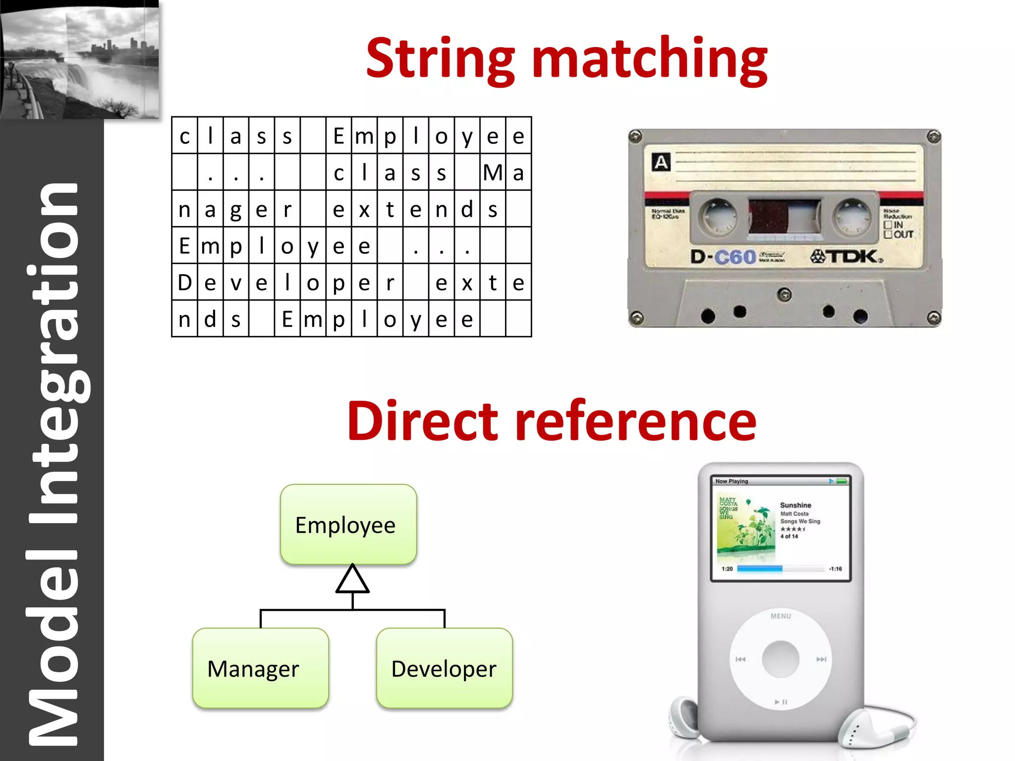 String matching
                    c l   a   s   s   E   m   p l o y   e e
                      .   .   .       c   l   a s s     Ma
Model Integration
                    n a   g   e   r   e   x   t e n d   s
                    Em    p   l   o y e   e     . . .
                    D e   v   e   l o p   e   r   e x   t e
                    n d   s       Emp     l   o y e e



                                         Direct reference
                                      Employee




                      Manager                 Developer
 