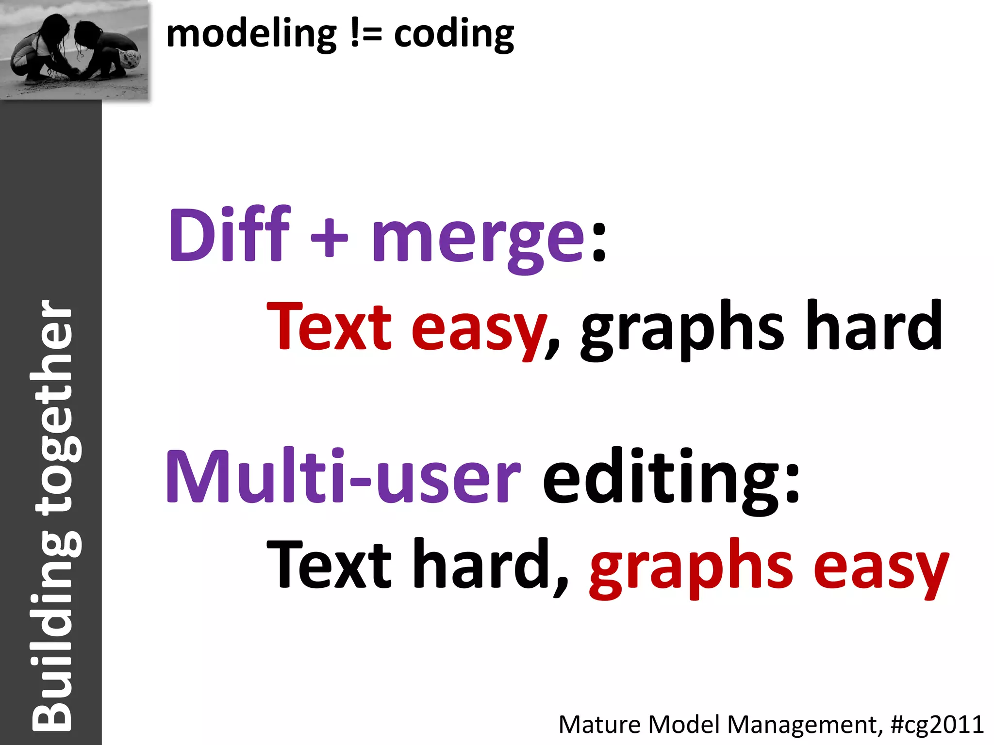modeling != coding



                    Diff + merge:
                         Text easy, graphs hard
Building together




                    Multi-user editing:
                         Text hard, graphs easy
                                         Mature Model Management, #cg2011
 