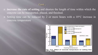  increase the rate of setting and shorten the length of time within which the
concrete can be transported, placed, and finished.
 Setting time can be reduced by 2 or more hours with a 10°C increase in
concrete temperature
 