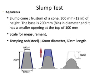 Slump Test

Apparatus
 Slump cone : frustum of a cone, 300 mm (12 in) of
height. The base is 200 mm (8in) in diameter and it
has a smaller opening at the top of 100 mm
 Scale for measurement,
 Temping rod(steel) 16mm diameter, 60cm length.
 
