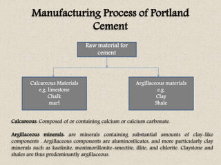 Manufacturing Process of Portland
Cement
Raw material for
cement
Calcareous Materials
e.g. limestone
Chalk
marl
Argillaceous materials
e.g.
Clay
Shale
Calcareous: Composed of or containing calcium or calcium carbonate.
Argillaceous minerals: are minerals containing substantial amounts of clay-like
components . Argillaceous components are aluminosilicates, and more particularly clay
minerals such as kaolinite, montmorillonite-smectite, illite, and chlorite. Claystone and
shales are thus predominantly argillaceous.
 
