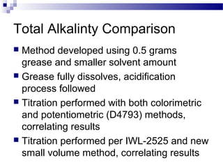 Total Alkalinty Comparison
 Method developed using 0.5 grams
grease and smaller solvent amount
 Grease fully dissolves, acidification
process followed
 Titration performed with both colorimetric
and potentiometric (D4793) methods,
correlating results
 Titration performed per IWL-2525 and new
small volume method, correlating results
 