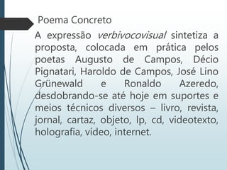 Poema Concreto
A expressão verbivocovisual sintetiza a
proposta, colocada em prática pelos
poetas Augusto de Campos, Décio
Pignatari, Haroldo de Campos, José Lino
Grünewald e Ronaldo Azeredo,
desdobrando-se até hoje em suportes e
meios técnicos diversos – livro, revista,
jornal, cartaz, objeto, lp, cd, videotexto,
holografia, vídeo, internet.
 