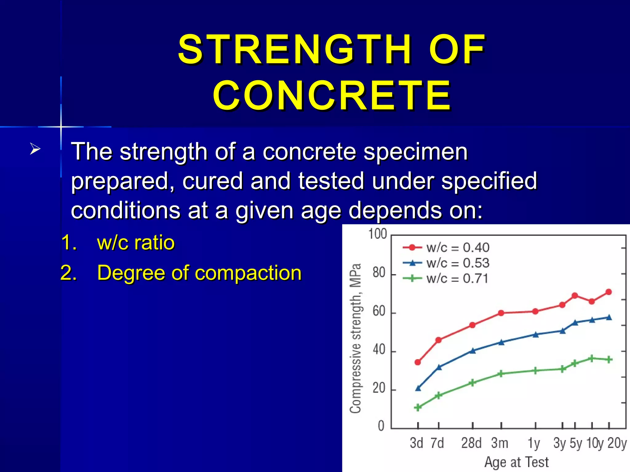 STRENGTH OFSTRENGTH OF
CONCRETECONCRETE
 The strength of a concrete specimenThe strength of a concrete specimen
prepared, cured and tested under specifiedprepared, cured and tested under specified
conditions at a given age depends on:conditions at a given age depends on:
1.1. w/c ratiow/c ratio
2.2. Degree of compactionDegree of compaction
 