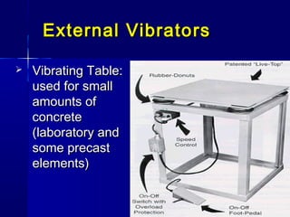  Vibrating Table:Vibrating Table:
used for smallused for small
amounts ofamounts of
concreteconcrete
(laboratory and(laboratory and
some precastsome precast
elements)elements)
External VibratoExternal Vibrato rsrs
 