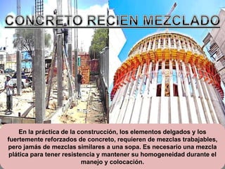 En la práctica de la construcción, los elementos delgados y los 
fuertemente reforzados de concreto, requieren de mezclas trabajables, 
pero jamás de mezclas similares a una sopa. Es necesario una mezcla 
plática para tener resistencia y mantener su homogeneidad durante el 
manejo y colocación. 
 