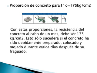 Proporción de concreto para f ' c=175kg/cm2 
Con estas proporciones, la resistencia del 
concreto al cabo de un mes, debe ser 175 
kg/cm2. Esto sólo sucederá si el concreto ha 
sido debidamente preparado, colocado y 
mojado durante varios días después de su 
fraguado. 
 