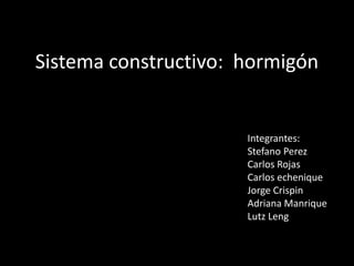 Sistema constructivo: hormigón


                      Integrantes:
                      Stefano Perez
                      Carlos Rojas
                      Carlos echenique
                      Jorge Crispin
                      Adriana Manrique
                      Lutz Leng
 