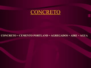 CONCRETO
CONCRETO = CEMENTO PORTLAND + AGREGADOS + AIRE + AGUA
 