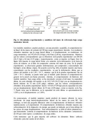 Fig. 6—Resultados experimentales y analíticos del muro de referencia bajo carga
montonica lateral.
Los modelos numéricos pueden predecir, con una precisión aceptable, el comportamiento
no lineal de los muros de cortante de CR bajo cargas monotónicas laterales. Los resultados
obtenidos muestran que la carga lateral última y el desplazamiento en condiciones de
carga monotónica son 192 kN (43,16 kip) y 60,9 mm (2,40 in), respectivamente. Mientras
que los valores correspondientes que se obtuvieron de la prueba experimental son 206 kN
(46,31 kip) y 64 mm (2,52 pulg.), respectivamente, como se muestra en Figura 6(a). La
figura 6(b) muestra la carga lateral frente a la variación de la deformación en la barra de
acero de refuerzo en el lado de compresión extrema del muro de corte. En la prueba
experimental, se observaron grandes deformaciones por compresión y desconchado del
hormigón en las últimas etapas. De acuerdo con la Fig. 6(b), el modelo muestra una buena
concordancia con los resultados experimentales, ya que la deformación última que se
obtuvo del modelo es de 1,98 × 10–3 , mientras que la de la prueba experimental fue de
2,06 × 10–3. Además, se puede notar que el modelo pudo detectar el comportamiento
general de la pared con buena precisión. Además, el comportamiento de histéresis del
modelo numérico bajo carga cíclica se ha encontrado cercano al del muro La capacidad
última de corte obtenida del modelo es de 162,5 kN (36,53 kip) con un desplazamiento
lateral máximo de 52 mm (2,05 pulg.), mientras que los valores correspondientes
obtenidos de la prueba experimental fueron 165 kN (37,09 kip) para la capacidad de corte
con un desplazamiento lateral último de 53 mm (2,09 pulg.), como se muestra en la Fig.
7. Puede verse que la diferencia en la capacidad de corte última es aproximadamente
1.50% y en el desplazamiento es 1.88%.
En consecuencia, el modelo numérico puede predecir de manera eficiente la curva
envolvente de carga lateral-desplazamiento lateral de los muros de corte RC. Sin
embargo, se notó una pequeña diferencia entre el comportamiento de histéresis obtenido
numéricamente y el experimental. El comportamiento de histéresis obtenido muestra una
sobreestimación de la disipación de energía que puede ser indicada por el área debajo de
las curvas de carga desplazamiento. Esta sobreestimación se debe al efecto pinzamiento,
que básicamente controla el comportamiento de histéresis de los elementos estructurales
de CR que están sujetos a condiciones de carga cíclica.
Cabe mencionar que la gran mayoría del software de elementos finitos enfrenta
obstáculos para dar cuenta de tal efecto.
 