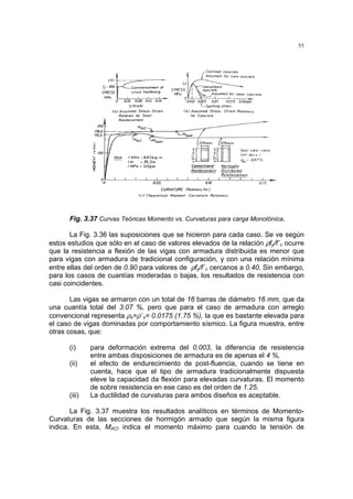 55
Fig. 3.37 Curvas Teóricas Momento vs. Curvaturas para carga Monotónica.
La Fig. 3.36 las suposiciones que se hicieron para cada caso. Se ve según
estos estudios que sólo en el caso de valores elevados de la relación ρfy/f´c ocurre
que la resistencia a flexión de las vigas con armadura distribuida es menor que
para vigas con armadura de tradicional configuración, y con una relación mínima
entre ellas del orden de 0.90 para valores de ρfy/f´c cercanos a 0.40. Sin embargo,
para los casos de cuantías moderadas o bajas, los resultados de resistencia con
casi coincidentes.
Las vigas se armaron con un total de 16 barras de diámetro 16 mm, que da
una cuantía total del 3.07 %, pero que para el caso de armadura con arreglo
convencional representa ρs=ρ´s= 0.0175 (1.75 %), la que es bastante elevada para
el caso de vigas dominadas por comportamiento sísmico. La figura muestra, entre
otras cosas, que:
(i) para deformación extrema del 0.003, la diferencia de resistencia
entre ambas disposiciones de armadura es de apenas el 4 %,
(ii) el efecto de endurecimiento de post-fluencia, cuando se tiene en
cuenta, hace que el tipo de armadura tradicionalmente dispuesta
eleve la capacidad da flexión para elevadas curvaturas. El momento
de sobre resistencia en ese caso es del orden de 1.25.
(iii) La ductilidad de curvaturas para ambos diseños es aceptable.
La Fig. 3.37 muestra los resultados analíticos en términos de Momento-
Curvaturas de las secciones de hormigón armado que según la misma figura
indica. En esta, MACI indica el momento máximo para cuando la tensión de
 