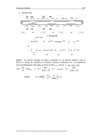 Concreto Armado 103
(22) BLANCO B. Antonio. Estructuración y diseño de edificaciones de concreto armado.pág.175.
5.605.605.60 0.400.400.400.40
4-43-32-21-1
0.50
0.30
2Ø 3/4" + 2Ø 5/8"
2Ø 3/4"
2Ø 3/4"
4Ø 3/4"
5Ø 3/4"
2Ø 3/4"
2Ø 3/4"
2Ø 5/8"
V - 102 (0.30 X 0.50 )
3Ø 3/4"
4
4
2Ø 3/4"
3
3
2
21
1
2Ø 3/4"
2Ø 3/4"
2Ø 3/4"3Ø 3/4"
2Ø 5/8"3Ø 3/4"2Ø 5/8" 0.95 0.95
0.750.750.750.75
1.251.25
0.600.60
1.350.95
 Detalle final:
NOTA: En nuestro ejemplo se obtuvo solamente As en tracción debido a que el
Mn  max> Mu/ф. Si sucediera lo contrario, entonces tendríamos As’ en compresión
(sección doblemente reforzada); es decir: Si Mn  max< Mu/ф  As = As1 + As2
max' Mn
Mu
Mu 

 . 
 ''
'
'
ddfs
Mu
As

 ; As1 =  maxbd,
 
,
'
'
2
ddfy
Mu
As


Donde: fy
fy
d
d
fs 












6000
1
'
16000'
 