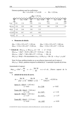 108 Ing°S.Chávez C.
(21) BLANCO B. Antonio. Estructuración y diseño de edificaciones de concreto armado. pág.120.
Entonces podemos usar los coeficientes:
Wu = 1.4 x 0.48 + 1.7 x 0.50 → Wu = 1.52 t/m.
Wu = 1.52 t/m.
Ln1 = 4.50 Ln2 = 4.50 Ln3 = 4.50
(A) (B) (C) (D)
Coef 1/24 1/14 1/10 1/16 1/10 1/14 1/24
Mu t-m 1.28 2.20 3.08 1.92 3.08 2.20 1.28
Mu/ф 1.42 2.44 3.42 2.13
As (cm2
) 2.66 4.67 6.67 4.05
Ø 3/8” 25 15 10 17.5
 Momentos de diseño:
MuA = 1/24 x 1.52 x 4.52
= 1.28 t-m. MuB = 1/10 x 1.52 x 4.52
= 3.08 t-m.
MuAB = 1/14 x 1.52 x 4.52
= 2.20 t-m. MuBC = 1/16 x 1.52 x 4.52
= 1.92 t-m.
* Cálculo de : Mn  max y Mn  min , dc = 3.0 → d = 13 cm.
Mn  max = Kbd2
= 54.35 x 100 x 132
= 9.18 t-m. > Mu / ф.
Mn  min = Kbd2
= 7.40 x 100 x 132
= 1.25 t-m. < Mu / ф.
Mn  min< Mu/ф →No necesitamos Asmin ; si Mn  min > Mu / ф. → Asmin=  minbd
Nota: En losas unidireccionales no se usa refuerzo transversal, por lo tanto si:
Mn  max< Mu/ф , podemos mejorar la calidad de fc’ ó aumentar el peralte de la losa
Aumentando el espesor:
dcde
Kb
Mu
d
Mu
KbdMn 




/2
max , (Nuevo espesor de la
losa)
 cálculo de las áreas de acero.
   
As
bfc
Asfy
a
a
Mu
adfy
Mu
As 2353.0
'85.0
,
2/134200
/
2/
/







Apoyo A: (Mu/ф. = 1.42 t-m.)
a = 0.63 As = 2.66 a = 0.62
Tramo AB: (Mu/ф. = 2.44 t-m.)
a = 1.10 As = 4.67 a = 1.10
Apoyo B: (Mu/ф. = 3.42 t-m.)
a = 1.57 As = 6.67 a = 1.57
Tramo BC: (Mu/ф. = 2.13 t-m.)
a = 0.95 As = 4.05 a = 0.95
 