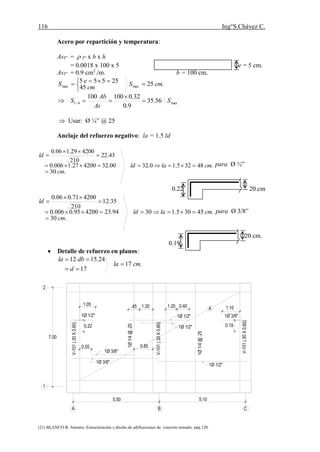 116 Ing°S.Chávez C.
(21) BLANCO B. Antonio. Estructuración y diseño de edificaciones de concreto armado. pág.120.
Acero por repartición y temperatura:
AsT° =  T° x b x h
= 0.0018 x 100 x 5 e = 5 cm.
AsT° = 0.9 cm2
./m. b = 100 cm.
.2525
45
555
maxmax cmS
cm
eS 


 
max4/1 56.35
9.0
32.0100100
S
As
Ab
S 


 Usar: Ø ¼” @ 25
Anclaje del refuerzo negativo: la = 1.5 ld
.48325.10.32
.30
00.32420027.1006.0
43.22
210
420029.106.0
cmlald
cm
ld






para Ø ½”
0.22 20 cm
.45305.130
.30
94.23420095.0006.0
35.12
210
420071.006.0
cmlald
cm
ld






para Ø 3/8”
20 cm.
0.19
 Detalle de refuerzo en planos:
.17
17
24.1512
cmla
d
dbla



1Ø 1/2"
1Ø 3/8"
1Ø 3/8"
1Ø1/4@.25
7.00
1Ø 1/2"
1Ø 1/2"
1
2
5.10
1Ø 1/2"
1Ø1/4@.25
C
1.10
0.19
V-101(.30X0.60)
1Ø 3/8"
A
A B
1.05
0.22
0.55
.45 1.30 1.20 0.40
0.85
5.50
V-101(.30X0.60)
V-101(.30X0.60)
 
