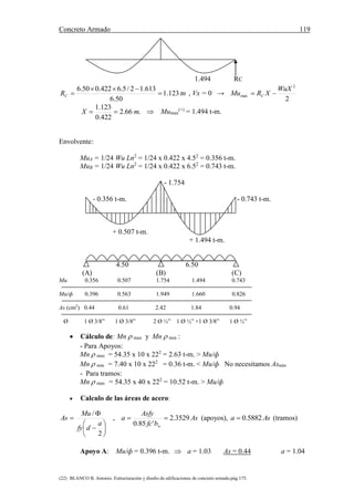 Concreto Armado 119
(22) BLANCO B. Antonio. Estructuración y diseño de edificaciones de concreto armado.pág.175.
1.494 RC
tnRC 123.1
50.6
613.12/5.6422.050.6


 , Vx = 0 →
2
2
max
WuX
XRMu C 
.66.2
422.0
123.1
mX   Mumax
(+)
= 1.494 t-m.
Envolvente:
MuA = 1/24 Wu Ln2
= 1/24 x 0.422 x 4.52
= 0.356 t-m.
MuB = 1/24 Wu Ln2
= 1/24 x 0.422 x 6.52
= 0.743 t-m.
- 1.754
- 0.356 t-m. - 0.743 t-m.
+ 0.507 t-m.
+ 1.494 t-m.
4.50 6.50
(A) (B) (C)
Mu 0.356 0.507 1.754 1.494 0.743
Mu/ф 0.396 0.563 1.949 1.660 0.826
As (cm2
) 0.44 0.61 2.42 1.84 0.94
Ø 1 Ø 3/8” 1 Ø 3/8” 2 Ø ½” 1 Ø ½” +1 Ø 3/8” 1 Ø ½”
 Cálculo de: Mn  max y Mn  min :
- Para Apoyos:
Mn  max = 54.35 x 10 x 222
= 2.63 t-m. > Mu/ф
Mn  min = 7.40 x 10 x 222
= 0.36 t-m. < Mu/ф No necesitamos Asmin
- Para tramos:
Mn  max = 54.35 x 40 x 222
= 10.52 t-m. > Mu/ф
 Calculo de las áreas de acero:
As
bfc
Asfy
a
a
dfy
Mu
As
w
3529.2
'85.0
,
2
/









 (apoyos), Asa 5882.0 (tramos)
Apoyo A: Mu/ф = 0.396 t-m.  a = 1.03 As = 0.44 a = 1.04
 