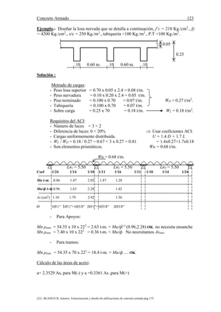 Concreto Armado 123
(22) BLANCO B. Antonio. Estructuración y diseño de edificaciones de concreto armado.pág.175.
Ejemplo.- Diseñar la losa nervada que se detalla a continuación, f’c = 210 Kg./cm2
., fy
= 4200 Kg./cm2
., s/c = 250 Kg./m2
., tabiquería =100 Kg./m2
., P.T =100 Kg./m2
.
0.05
0.25
.10 0.60 m. .10 0.60 m. .10
Solución :
Metrado de cargas:
- Peso losa superior = 0.70 x 0.05 x 2.4 = 0.08 t/m.
- Peso nervadura = 0.10 x 0.20 x 2.4 = 0.05 t/m.
- Piso terminado = 0.100 x 0.70 = 0.07 t/m. WD = 0.27 t/m2
.
- Tabiquería = 0.100 x 0.70 = 0.07 t/m.
- Sobre carga = 0.25 x 70 = 0.18 t/m. WL = 0.18 t/m2
.
Requisitos del ACI:
- Número de luces = 3 > 2
- Diferencia de luces: 0 < 20%  Usar coeficientes ACI.
- Cargas uniformemente distribuida. U = 1.4 D + 1.7 L
- WL / WD = 0.18 / 0.27 = 0.67 < 3 x 0.27 = 0.81 = 1.4x0.27+1.7x0.18
- Son elementos prismáticos. Wu = 0.68 t/m.
Wu = 0.68 t/m.
Ln1 = 5.50 Ln2 = 5.50 Ln3 = 5.50
Coef 1/24 1/14 1/10 1/11 1/16 1/11 1/10 1/14 1/24
Mu t-m 0.86 1.47 2.05 1.87 1.28
Mu/ф t-m 0.96 1.63 2.28 1.42
As (cm2
) 1.10 1.79 2.92 1.56
Ø 1Ø½” 1Ø½”+1Ø3/8” 2Ø½”+1Ø3/8” 2Ø3/8”
- Para Apoyos:
Mn ρmax = 54.35 x 10 x 222
= 2.63 t-m. > Mu/ф(-)
(0.96,2.28) OK. no necesita ensanche
Mn ρmin = 7.40 x 10 x 222
= 0.36 t-m. < Mu/ф No necesitamos Asmin
- Para tramos:
Mn ρmax = 54.35 x 70 x 222
= 18.4 t-m. > Mu/ф .... OK.
Cálculo de las áreas de acero:
a= 2.3529 As, para M(-) y a =0.3361 As ,para M(+)
 