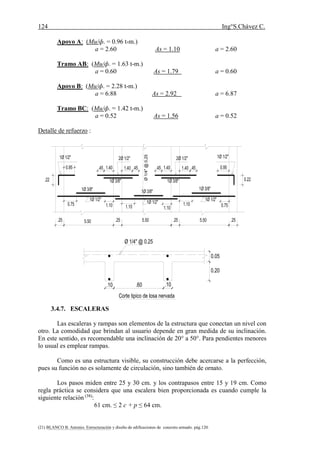 124 Ing°S.Chávez C.
(21) BLANCO B. Antonio. Estructuración y diseño de edificaciones de concreto armado. pág.120.
Apoyo A: (Mu/ф. = 0.96 t-m.)
a = 2.60 As = 1.10 a = 2.60
Tramo AB: (Mu/ф. = 1.63 t-m.)
a = 0.60 As = 1.79 a = 0.60
Apoyo B: (Mu/ф. = 2.28 t-m.)
a = 6.88 As = 2.92 a = 6.87
Tramo BC: (Mu/ф. = 1.42 t-m.)
a = 0.52 As = 1.56 a = 0.52
Detalle de refuerzo :
3.4.7. ESCALERAS
Las escaleras y rampas son elementos de la estructura que conectan un nivel con
otro. La comodidad que brindan al usuario depende en gran medida de su inclinación.
En este sentido, es recomendable una inclinación de 20° a 50°. Para pendientes menores
lo usual es emplear rampas.
Como es una estructura visible, su construcción debe acercarse a la perfección,
pues su función no es solamente de circulación, sino también de ornato.
Los pasos miden entre 25 y 30 cm. y los contrapasos entre 15 y 19 cm. Como
regla práctica se considera que una escalera bien proporcionada es cuando cumple la
siguiente relación (38)
:
61 cm. ≤ 2 c + p ≤ 64 cm.
0.95
5.50.25
1Ø 1/2"
1Ø 3/8"
1Ø 1/2"
5.50
Ø1/4"@0.25
1.401.40
.25
1Ø 3/8"
2Ø 1/2"
0.95
.25
1Ø 1/2"
0.22.22
1.100.75
1Ø 1/2"
1Ø 3/8"
5.50 .25
0.751.10
1Ø 1/2"
1Ø 3/8"
1.10 1.10
.45 .45 1.40
2Ø 1/2"
.45 1.40
1Ø 3/8"
.45
Ø 1/4" @ 0.25
0.05
0.20
.10 .60 .10
Corte tipico de losa nervada
 