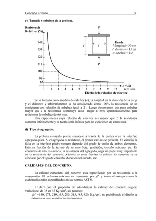 Concreto Armado 9
c) Tamaño y esbeltez de la probeta.
Resistencia P
Relativa (%)
140 Donde:
l d l: longitud= 30 cm
130 d: diámetro= 15 cm
e: esbeltez = l/d
120
110 P
100
90
85
e = l/d
1 2 3 4 5 6 7 8 9 10 (cm./cm.)
Efecto de la relación de esbeltez
Se ha tomado como medida de esbeltez (e), la longitud en la duración de la carga
y el diámetro y arbitrariamente se ha considerado como 100% la resistencia de un
espécimen con relación de esbeltez igual a 2 . Luego observamos que para esbeltez
mayor que 2 la resistencia disminuye hasta llegar al 85% aproximadamente, para
relaciones de esbeltez de 6 ó más.
Para especimenes cuya relación de esbeltez sea menor que 2, la resistencia
aumenta infinitamente y en teoría sería infinita para un espécimen de altura nula.
d) Tipo de agregado.
La probeta ensayada puede romperse a través de la piedra o en la interfase
agregado-pasta. Si el agregado es resistente, el primer caso no se presenta. En cambio, la
falla en la interfase piedra-mortero depende del grado de unión de ambos elementos.
Este es función de la textura de su superficie, gradación, tamaño máximo, etc. En
concretos de alta resistencia, la resistencia del agregado juega un papel muy importante
en la resistencia del concreto. Además de estos factores la calidad del concreto se ve
afectado por el tipo de cemento, duración del curado, etc.
CALIDADES DEL CONCRETO.
La calidad estructural del concreto esta especificado por su resistencia a la
compresión. El esfuerzo máximo se representa por fc’ y tanto el ensayo como la
elaboración están especificados en las normas ASTM.
El ACI con el propósito de estandarizar la calidad del concreto sugiere
variaciones de 35 en 35 Kg./cm2
, así tenemos:
fc’ = 140, 175, 210, 245, 280, 315, 385, 420, Kg./cm2
, no prohibiendo el diseño de
estructuras con resistencias intermedias.
 
