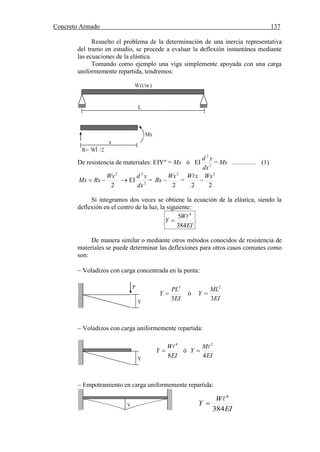 Concreto Armado 137
(40) BLANCO B.Antonio .Estructuración y diseño de edificaciones de concreto armado.pág.191.
Resuelto el problema de la determinación de una inercia representativa
del tramo en estudio, se procede a evaluar la deflexión instantánea mediante
las ecuaciones de la elástica.
Tomando como ejemplo una viga simplemente apoyada con una carga
uniformemente repartida, tendremos:
W(t/m)
L
Mx
x
R= W /2l
De resistencia de materiales: EIY" = Mx ó EI 2
2
dx
yd
= Mx ............... (1)
2
2
Wx
RxMx   EI 2
2
dx
yd
=
2
2
Wx
Rx  =
22
2
WxxW


Si integramos dos veces se obtiene la ecuación de la elástica, siendo la
deflexión en el centro de la luz, la siguiente:
EI
W
Y
384
5 4


De manera similar o mediante otros métodos conocidos de resistencia de
materiales se puede determinar las deflexiones para otros casos comunes como
son:
 Voladizos con carga concentrada en la punta:
Y
P
 Voladizos con carga uniformemente repartida:
Y
 Empotramiento en carga uniformemente repartida:
Y
EI
PL
Y
3
3
 ó
EI
ML
Y
3
2

EI
W
Y
8
4

 ó
EI
M
Y
4
2


EI
W
Y
384
4


 