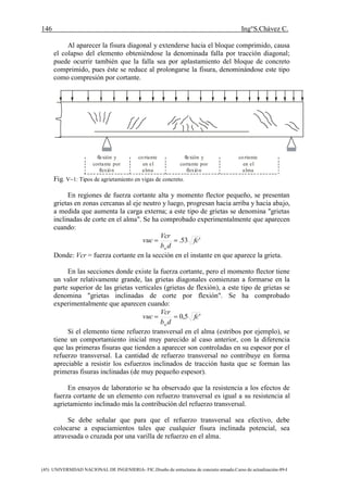 146 Ing°S.Chávez C.
(45) UNIVERSIDAD NACIONAL DE INGENIERIA- FIC.Diseño de estructuras de concreto armado.Curso de actualización-89-I
Al aparecer la fisura diagonal y extenderse hacia el bloque comprimido, causa
el colapso del elemento obteniéndose la denominada falla por tracción diagonal;
puede ocurrir también que la falla sea por aplastamiento del bloque de concreto
comprimido, pues éste se reduce al prolongarse la fisura, denominándose este tipo
como compresión por cortante.
flexión y
cortante por
flexión
cortante
en el
alma
flexión y
cortante por
flexión
cortante
en el
alma
Fig. V1: Tipos de agrietamiento en vigas de concreto.
En regiones de fuerza cortante alta y momento flector pequeño, se presentan
grietas en zonas cercanas al eje neutro y luego, progresan hacia arriba y hacia abajo,
a medida que aumenta la carga externa; a este tipo de grietas se denomina "grietas
inclinadas de corte en el alma". Se ha comprobado experimentalmente que aparecen
cuando:
'53. fc
db
Vcr
vuc
w

Donde: Vcr = fuerza cortante en la sección en el instante en que aparece la grieta.
En las secciones donde existe la fuerza cortante, pero el momento flector tiene
un valor relativamente grande, las grietas diagonales comienzan a formarse en la
parte superior de las grietas verticales (grietas de flexión), a este tipo de grietas se
denomina "grietas inclinadas de corte por flexión". Se ha comprobado
experimentalmente que aparecen cuando:
'5,0 fc
db
Vcr
vuc
w

Si el elemento tiene refuerzo transversal en el alma (estribos por ejemplo), se
tiene un comportamiento inicial muy parecido al caso anterior, con la diferencia
que las primeras fisuras que tienden a aparecer son controladas en su espesor por el
refuerzo transversal. La cantidad de refuerzo transversal no contribuye en forma
apreciable a resistir los esfuerzos inclinados de tracción hasta que se forman las
primeras fisuras inclinadas (de muy pequeño espesor).
En ensayos de laboratorio se ha observado que la resistencia a los efectos de
fuerza cortante de un elemento con refuerzo transversal es igual a su resistencia al
agrietamiento inclinado más la contribución del refuerzo transversal.
Se debe señalar que para que el refuerzo transversal sea efectivo, debe
colocarse a espaciamientos tales que cualquier fisura inclinada potencial, sea
atravesada o cruzada por una varilla de refuerzo en el alma.
 