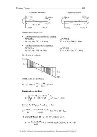 Concreto Armado 165
(44) BLANCO B.Antonio . Estructuración y diseño de edificaciones de concreto armado.pág.256-258 y 263.
Momento antihorario Momento horario
16.14 t-m 18.84 t-m
Ln=5.00
7.00 tn 7.00 tn
18.84 t-m
Ln=5.00
20.93 t-m
7.95 tn 7.95 tn
CORTANTES FINALES.
* Debido al momento antihorario (tramo).
APOYO A. APOYO B.
Vn = 14.50 + 7.00 = 21.50 tn Vn = 14.50  7.00 = 7.50 tn
* Debido al momento horario (tramo).
APOYO A APOYO B
Vn = 14.50  7.95 = 6.55 tn Vn = 14.50 + 7.95 = 22.45 tn
Envolvente de cortante.
21.50
6.55
7.50
22.44
CORTANTE DE DISEÑO:
Vu = 22.44 tn 
85.0
44.22


Vn
= 26.40 tn
Espaciamiento máximo.
S =






30
28.1591.188
76.94/10.304/
L
d
 Smáx = 10 cm
Cálculo de "S" para el cortante crítico.
83.8
400.26
10.39420042.1



Vn
Avfyd
S  9.0 cm < Smáx.
) Usar estribos en 2d = 2  39.10 = 28.2 cm. @.09.
Nº = 13.8
09.0
05.0782.0


 Usar: 1@.05, 8@.09; L = 0.77 m
 