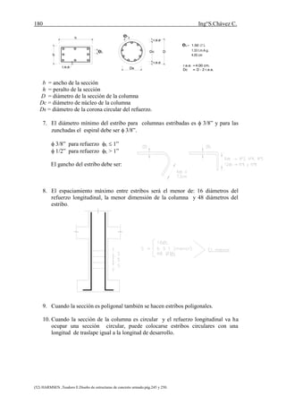 180 Ing°S.Chávez C.
(52) HARMSEN ,Teodoro E.Diseño de estructuras de concreto armado.pág.245 y 250.
h
b
r.e.e
eL
Ds
r.e.e
Dc
r.e.e
D
eL= 1.50 L
1.33 t.m.A.g.
4.00 cm
r.e.e. =4.00 cm.
b = ancho de la sección
h = peralto de la sección
D = diámetro de la sección de la columna
Dc = diámetro de núcleo de la columna
Ds = diámetro de la corona circular del refuerzo.
7. El diámetro mínimo del estribo para columnas estribadas es  3/8” y para las
zunchadas el espiral debe ser  3/8”.
 3/8” para refuerzo L  1”
 1/2” para refuerzo L > 1”
El gancho del estribo debe ser:
8. El espaciamiento máximo entre estribos será el menor de: 16 diámetros del
refuerzo longitudinal, la menor dimensión de la columna y 48 diámetros del
estribo.
9. Cuando la sección es poligonal también se hacen estribos poligonales.
10. Cuando la sección de la columna es circular y el refuerzo longitudinal va ha
ocupar una sección circular, puede colocarse estribos circulares con una
longitud de traslape igual a la longitud de desarrollo.
 