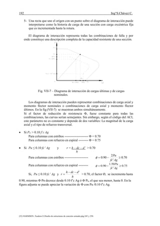 192 Ing°S.Chávez C.
(52) HARMSEN ,Teodoro E.Diseño de estructuras de concreto armado.pág.245 y 250.
5- Una recta que une el origen con un punto sobre el diagrama de interacción puede
interpretarse como la historia de carga de una sección con carga excéntrica fija
que es incrementada hasta la rotura.
El diagrama de interacción representa todas las combinaciones de falla y por
ende constituye una descripción completa de la capacidad resistente de una sección.
Fig. VII-7 – Diagrama de interacción de cargas últimas y de cargas
nominales.
Los diagramas de interacción pueden representar combinaciones de carga axial y
momento flector nominales o combinaciones de carga axial y momento flector
últimos. En la fig.(VII-7) se muestran ambos simultáneamente.
Si el factor de reducción de resistencia , fuese constante para todas las
combinaciones, las curvas serían semejantes. Sin embargo, según el código del ACI,
este parámetro no es constante y depende de dos variables: La magnitud de la carga
axial y el tipo de refuerzo transversal.
 Si PU > 0.10 f’c Ag
Para columnas con estribos ----------------------  = 0.70
Para columnas con refuerzo en espiral ---------  = 0.75
 Si Pu ≤ 0.10 fc’ Ag y r = h – dc – d’ > 0.70
h
Para columnas con estribos ---------------------- 70.0
'
2
90.0 
Agfc
Pu

Para columnas con refuerzo en espiral --------- 75.0
'
50.1
90.0 
Agfc
Pu

Si, Pu ≤ 0.10 fc’ Ag y
h
ddch
r
'
 > 0.70, el factor Ø, se incrementa hasta
0.90, mientras  Pn decrece desde 0.10 f’c Ag ó  Pb, el que sea menor, hasta 0. En la
figura adjunta se puede apreciar la variación de  con Pu /0.10 f’c Ag.
 