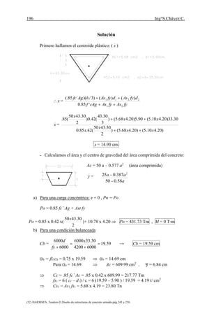 196 Ing°S.Chávez C.
(52) HARMSEN ,Teodoro E.Diseño de estructuras de concreto armado.pág.245 y 250.
Solución
Primero hallamos el centroide plástico: ( x )
x =
fyAsfyAscAgf
dfyAsdfyAshAgfc
21
2211
'85.0
)()()3/)(´85(.


x =
)20.410.5()20.468.5()
2
30.4350
(42.85.0
30.33)20.410.5(90.5)20.468.5()
3
30.43
(42.0)
2
30.4350
(85.
xx
x
x
xx
x


x = 14.90 cm.
- Calculamos el área y el centro de gravedad del área comprimida del concreto:
Ac = 50 a – 0.577 a2
(área comprimida)
y =
a) Para una carga concéntrica: e = 0 , Pn = Po
Po = 0.85 fc’ Ag + Ast fy
Po = 0.85 x 0.42 x(
2
30.4350x
)+ 10.78 x 4.20  Po = 431.73 Tm , M = 0 T-m
b) Para una condición balanceada
Cb = 59.19
60004200
30.336000
6000
6000




x
fy
d
→ Cb = 19.59 cm
ab = 1 cb = 0.75 x 19.59  ab = 14.69 cm
Para ab = 14.69  Ac = 609.99 cm2
, ÿ = 6.84 cm
 Cc = .85 fc’ Ac = .85 x 0.42 x 609.99 = 217.77 Tm
fs1 = 6 ( cc – d1) / c = 6 (19.59 – 5.90 ) / 19.59 = 4.19 t/ cm2
 Cs1 = As1 fs1 = 5.68 x 4.19 = 23.80 Tn
a
aa
58.050
387.025 2


 