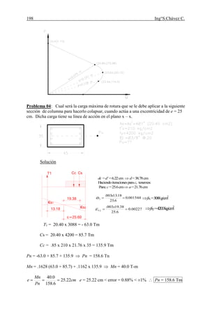 198 Ing°S.Chávez C.
(52) HARMSEN ,Teodoro E.Diseño de estructuras de concreto armado.pág.245 y 250.
Problema 04: Cual será la carga máxima de rotura que se le debe aplicar a la siguiente
sección de columna para hacerlo colapsar, cuando actúa a una excentricidad de e = 25
cm. Dicha carga tiene su línea de acción en el plano x – x.
Solución
13.18
c=25.60
s1
19.38
s2
T1 Cc Cs
001544.0
6.25
18.13003.
1 
x
s
00227.0
6.25
38.19003.
2

x
S
fs1=3088g/cm2
fs2=4200kg/cm2
dc=d’ =6.22cm  d=38.78cm
Haciendoiteracionesparac, tenemos:
Para:c=25.6cm a=21.76cm
T1 = 20.40 x 3088 = - 63.0 Tm
Cs = 20.40 x 4200 = 85.7 Tm
Cc = .85 x 210 x 21.76 x 35 = 135.9 Tm
Pn = -63.0 + 85.7 + 135.9  Pn = 158.6 Tn
Mn = .1628 (63.0 + 85.7) + .1162 x 135.9  Mn = 40.0 T-m
cm
Pn
Mn
e 22.25
6.158
0.40
 e = 25.22 cm < error = 0.88% < ±1%  Pn = 158.6 Tm
 