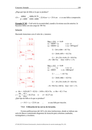 Concreto Armado 199
(57) BLANCO B.Antonio.Estructuración y diseño de edificaciones de concreto armado.pág.238 y 243.
¿Diga qué tipo de falla es la que se produce?
cm
x
fy
d
Cb 81.22
60004200
78.386000
6000
6000




 < c = 25.6 cm  es una falla a compresión.
Ejemplo N° 05.- Cuál sería la excentricidad, cuando a la misma sección anterior, lo
hacemos fallar con una carga de 100 Tm
Solución
Haciendo iteraciones con el valor de c, tenemos:
c=19.40
c=19.30
19.48
s1
13.08
s2
T1 CsCc
19.38
s1
13.18
s2
T1 CsCc
Para c =19.4 , a =16.49
s1 =.002997 > y  fs1 = fy
s2 =.002038 < y  fs2 =4076 kg/cm2
T1 = 20.4 x 4200 = - 85.7 Tm
Cs = 20.40 x 4076 =+83.2 Tm
Cc = .85 x 210 x 16.49 x 35 =103.0 Tm
Pn =100.5 Tm Error =0.50 %<±1%
Para c =19.3 , a =16.40
s1 = ……. > y  fs1 = fy
s2 =.002033  fs2 =4066 kg/cm2
T1 = ……… = - 85.7 Tm
Cs = 20.40 x 4066 =+82.9 Tm
Cc = .85 x 210 x 16.40 x 35 =102.4 Tm
Pn =99.6 Tm100 Tm Error = -0.4 <±1%
 Mn = .1628 (85.7 + 82.9) + .1430 x 102.4 Tn.  Mn = 42.1 T-m.
cm
Pn
Mn
e 27.42
6.99
1.42
  e = 42.27 cm
¿Qué tipo de falla es la que se produce?
c = 19.3 < cb = 22.81 cm , es una falla por tracción.
7.5.4 Utilización de las curvas de iteración.
Existen publicaciones del ACI y de otras instituciones, donde se indican una
serie de ábacos conteniendo diagramas de iteración para columnas cuadradas,
rectangulares y circulares.
 