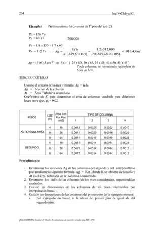 204 Ing°S.Chávez C.
(52) HARMSEN ,Teodoro E.Diseño de estructuras de concreto armado.pág.245 y 250.
Ejemplo: Predimensionar la columna de 1º piso del eje (C)
PD = 150 Tn
PL = 60 Tn Solución
Pu = 1.4 x 150 + 1.7 x 60
Pu = 312 Tn  2
43.1916
)105210829(.70.
000,3122.1
]105'829[.
cm
x
x
fc
CPu
Ag 





Ag = 1916.43 cm 2  b x t ( 25 x 80, 30 x 65, 35 x 55, 40 x 50, 45 x 45 )
Toda columna, se recomienda redondear de
5cm en 5cm.
TERCER CRITERIO
Usando el criterio de la área tributaria: Ag = KAt.
Ag = Sección de la columna.
At = Área Tributaria acumulada.
Coeficiente de K, para determinar el área de columnas cuadrada para diferentes
luces entre ejes, g = 0.02.
PISOS
LUZ
(m)
Área Trib.
Por Piso
(m2)
TIPO DE COLUMNA
1 2 3 4
ANTEPENULTIMO
4 16 0.0013 0.0025 0.0022 0.0040
6 36 0.0011 0.0020 0.0016 0.0028
8 64 0.0011 0.0017 0.0015 0.0023
SEGUNDO
4 16 0.0011 0.0014 0.0014 0.0021
6 36 0.0012 0.0014 0.0014 0.0015
8 64 0.0012 0.0014 0.0014 0.0015
Procedimiento:
1. Determinar las secciones Ag de las columnas del segundo y del antepenúltimo
piso mediante la siguiente formula: Ag = KAt , donde K se obtiene de la tabla y
At es el área Tributaria de la columna considerada.
2. Determine los lados de las columnas de los pisos considerados, suponiéndolas
cuadradas.
3. Calcule las dimensiones de las columnas de los pisos intermedios por
interpolación lineal.
4. Calcule las dimensiones de las columnas del primer piso de la siguiente manera:
a. Por extrapolación lineal, si la altura del primer piso es igual ala del
segundo piso.
 