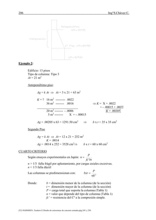 206 Ing°S.Chávez C.
(52) HARMSEN ,Teodoro E.Diseño de estructuras de concreto armado.pág.245 y 250.
Ejemplo 2:
Edificio: 13 pisos
Tipo de columna: Tipo 3
At = 21 m2
Antepenúltimo piso:
Ag = k At  At = 3 x 21 = 63 m2
K = ? 16 m2
--------- .0022
36 m2
-------- .0016  K = X + .0022
__________________________ = - .00015 + .0022
20 m2
-------- - .0006 K = .00205
5 m2
-------- X = - .00015
Ag = .00205 x 63 = 1291.50 cm2
 b x t = 35 x 35 cm2
Segundo Piso
Ag = k At  At = 12 x 21 = 252 m2
K = .0014
Ag = .0014 x 252 = 3528 cm2
 b x t = 60 x 60 cm2
CUARTO CRITERIO
Según ensayos experimentales en Japón:
btfc
P
n
'

n > 1/3 falla frágil por aplastamiento, por cargas axiales excesivas.
n < 1/3 falla dúctil
Las columnas se predimensionan con:
'nfc
P
bxt 
Donde: b = dimensión menor de la columna (de la sección)
t = dimensión mayor de la columna (de la sección)
P = carga total que soporta la columna (Tabla 1)
n = valor que depende del tipo de columna (Tabla 1)
fc’ = resistencia del Cº a la compresión simple.
 