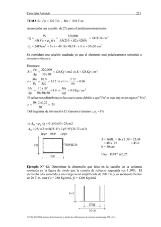 Concreto Armado 221
(57) BLANCO B.Antonio.Estructuración y diseño de edificaciones de concreto armado.pág.238 y 243.
S = 16ØL = 16 x 1.59 = 25.44
= 48 x .95 = 45.6
b = 50 cm
Usar : Ø3/8” @0.25
TEMA B: Pu = 320 Tm , Mu = 10.0 T-m
Asumiendo una cuantía de 2% para el predimensionamiento.
22
2
505018.4918.492419
74.2418
)420002.210(45.
000,320
)´(45.
cmxtxbxtxbcmA
cm
xfycf
Pu
Ag
g
g







Se considera una sección cuadrada ya que el elemento está prácticamente sometido a
comprensión pura.
Entonces:
1%:tenemos(anexos)CninteracciódediagramaDel
75.
50
x6.222-50
Mu"."elqueimportantemásesPu"que"adebidocarascuatrolasenádistribuirserefuerzoEl
/0.80.8
505050
1010
06.0
50
12.3
./12.3
320
0.10
/1282/128
5050
000,320
g
2
5
2
15 






cmKg
Agt
Mu
xx
x
Agt
Mu
te
Pu
Mu
e
cmKgKcmKg
xAg
Pu
K
)272.26("8/52"4/38225
225505001.
cmØcmA
cmxxAgA
ST
gST





Ejemplo N° 02: Determinar la dimensión que falta en la sección de la columna
mostrada en la figura de modo que la cuantía de refuerzo requerida sea 1.50%. El
elemento está sometido a una carga axial amplificada de 200 Tm y un momento flector
de 20 T-m, usar f´c = 280 Kg/cm2, fy = 4200 Kg/cm2
 