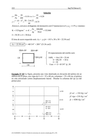 222 Ing°S.Chávez C.
(52) HARMSEN ,Teodoro E.Diseño de estructuras de concreto armado.pág.245 y 250.
Solución
cmbb
xbAg
Pu
K
entramosEntonces
x
t
ddct
te
Pu
Mu
e
0.3030.30
600.132
50
000,200
kg/cm132K
:y tenemos1.5%ye/tn(anexos)coCconninteracciódediagramaal,
75.0
40
22.6250'
20.0
50.
10.
/10.0
200
20
2
g7











El área de acero requerido será: AST =  gbt = .015 x 30 x 50 = 22.50 cm2
AST = 22.50 cm2
<> 4Ø 3/4” + 2Ø1” (21.56 cm2)
Ejemplo N° 03 La figura, presenta una vista idealizada en elevación del pórtico de un
edificio de 03 pisos, con vigas de b x h = 35 x 60 cm, columnas = 35 x 60 cm, el pórtico
no esta arriostrado contra desplazamiento lateral. Diseñar la columna del eje (c) del
primer piso
2
2
2
/4200
/210'
/210'
cmKgfy
cmKgvigafc
cmKgcolfc



El espaciamiento del estribo será:
16ØL = 16x1.59 = 25.44
S = 48x.95 = 45.6
b = 30
Usar :=> S = Ø 3/8” @ .30
 