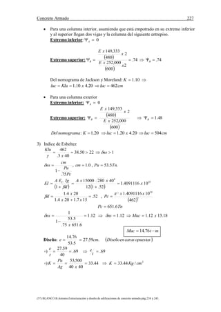 Concreto Armado 227
(57) BLANCO B.Antonio.Estructuración y diseño de edificaciones de concreto armado.pág.238 y 243.
 Para una columna interior, asumiendo que está empotrado en su extremo inferior
y al superior llegan dos vigas y la columna del siguiente entrepiso.
Extremo inferior: 0A
Extremo superior:
 
 
74.74.
2
600
000,252
2
480
333,149
 BB
x
xE
x
xE
Del nomograma de Jackson y Moreland:  10.1K
cmlucxKluluc 46220.410.1 
 Para una columna exterior
Extremo inferior: 0A
Extremo superior:
 
 
48.1
600
000,252
2
480
333,149
 BB
xE
x
xE
cmlucxlucKnomogramaDel 50420.420.120.1: 
3) Indice de Esbeltez
   
10
4
104091116.1
52.112
40280150004.
1
4.
.5.53,0.1,
75.
1
12250.38
403.
462
x
xx
d
IgE
EI
TnPucm
Pc
Pu
cm
ns
ns
x
Klu
C













 
TnPc
xx
Pc
xx
x
d
6.651
462
104091116.1
,52.
157.1204.1
204.1
2
102






18.1312.112.112.1
6.65175.
5.53
1
1
xMucns
x
ns 

 
mtMuc  76.14
Diseño:  opuestascarasenDiseñocme .59.27
5.53
76.14

2
/44.3344.33
4040
500,53
)
69.69.
40
59.27
)
cmKgK
xAg
Pu
K
t
e
t
e




 