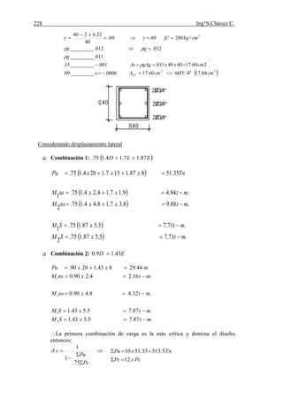 228 Ing°S.Chávez C.
(52) HARMSEN ,Teodoro E.Diseño de estructuras de concreto armado.pág.245 y 250.
Considerando desplazamiento lateral
 Combinación 1:  ELD 87.17.14.175. 
 
 
 
 
  .71.75.587.175.2
.71.75.587.175.1
.88.98.37.18.44.175.2
.94.49.17.14.24.175.1
35.51887.1157.1204.175.
mtxSM
mtxSM
mtxxnsM
mtxxnsM
TnxxxPu





 Combinación 2: ED 43.19.0 
.87.75.543.1
.87.75.543.1
.32.48.490.0
.16.24.290.0
44.29843.12090.
2
1
2
1
mtxSM
mtxSM
mtxnsM
mtxnsM
tnxxPu





La primera combinación de carga es la más crítica y domina el diseño,
entonces:





Pc
Pu
s
75.
1
1

PcxPc
TnxPu
12
5.51335.5110


 22
2
04.17"4/3660.170006._________09.
260.174040011.001._________15.
011._________
012.012._________
/280'69.69.
40
22.6240
cmØcmAx
cmxxgAgAs
g
gg
cmkgfc
x
ST 









 