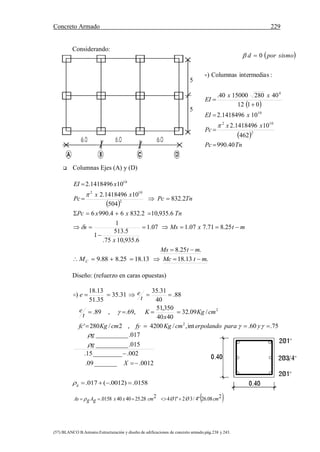 Concreto Armado 229
(57) BLANCO B.Antonio.Estructuración y diseño de edificaciones de concreto armado.pág.238 y 243.
Considerando:
 Columnas Ejes (A) y (D)
 
.25.8
25.871.707.107.1
6.935,1075.
5.513
1
1
6.935,102.83264.9906
2.832
504
101849614.2
101418496.2
2
102
10
mtMs
mtxMs
x
s
TnxxPc
TnPc
xx
Pc
xEI









.13.1813.1825.888.9 mtMcMC 
Diseño: (refuerzo en caras opuestas)
75.60.int,/4200,2/280'
/09.32
4040
350,51
,69.,89.
88.
40
31.35
31.35
35.51
13.18
)
2
2





yparaerpolandocmKgfycmKgfc
cmKg
x
K
t
e
t
ee
0012._______09.
002._________15.
015.__________
017.__________


X
g
g


 
 
 
TnPc
xx
Pc
xEI
xx
EI
sismopord
40.990
462
101418496.2
101418496.2
0112
402801500040.
:sintermediaColumnas)
0
2
102
10
4









5
5
0158.)0012.(017. g
 208.26"4/32"14228.2540400158. cmØØcmxxgAgAs  
 