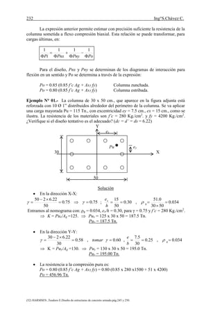 232 Ing°S.Chávez C.
(52) HARMSEN ,Teodoro E.Diseño de estructuras de concreto armado.pág.245 y 250.
La expresión anterior permite estimar con precisión suficiente la resistencia de la
columna sometida a flexo compresión biaxial. Esta relación se puede transformar, para
cargas últimas, en:
PoPnyPnxPi 






1111
Para el diseño, Pnx y Pny se determinan de los diagramas de interacción para
flexión en un sentido y Po se determina a través de la expresión:
Po = 0.85 (0.85 f’c Ag + AsT fy) Columna zunchada.
Po = 0.80 (0.85 f’c Ag + AsT fy) Columna estribada.
Ejemplo N° 01.- La columna de 30 x 50 cm., que aparece en la figura adjunta está
reforzada con 10 Ø 1” distribuidos alrededor del perímetro de la columna. Se va aplicar
una carga mayorada Pu = 115 Tn., con excentricidad ey = 7.5 cm., ex = 15 cm., como se
ilustra. La resistencia de los materiales son f’c = 280 Kg./cm2
. y fy = 4200 Kg./cm2
.
¿Verifique si el diseño tentativo es el adecuado? (dc = d’ = ds = 6.22)
Y
ex
Pu ey
30 X
50
Solución
 En la dirección X-X:
75.075.0
50
22.6250


  ; 034.0
5030
0.51
,30.0
50
15


 g
x
h
e

Entramos al nomograma con: ρg = 0.034, ex/h = 0.30, para γ = 0.75 y f’c = 280 Kg./cm2
.
 K = Pux/Ag =125.  Pux = 125 x 30 x 50 = 187.5 Tn.
Pux = 187.5 Tn.
 En la dirección Y-Y:
60.0,58.0
30
22.6230


  tomar , 034.0,25.0
30
5.7
 g
b
e

 K = Puy/Ag =130.  Puy = 130 x 30 x 50 = 195.0 Tn.
Puy = 195.00 Tn.
 La resistencia a la compresión pura es:
Po = 0.80 (0.85 f’c Ag + AsT fy) = 0.80 (0.85 x 280 x1500 + 51 x 4200)
Po = 456.96 Tn.
 