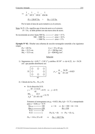 Concreto Armado 233
(57) BLANCO B.Antonio.Estructuración y diseño de edificaciones de concreto armado.pág.238 y 243.
96.456
1
0.195
1
5.187
11

Pi
Pi = 120.87 Tn. > Pu = 115 Tn.
Por lo tanto el área de acero tentativo es el correcto.
Nota: Si Pi ≥ Pu, significa que el área de acero es el correcto.
Pi < Pu, se debe probar con una nueva área de acero.
Se recomienda un error: hasta 500 Tn. -----------> error = 15 %
500 – 1000 Tn. -----------> error = 10 %
> 1000 Tn. -----------> error = 5 %
Ejemplo N° 02.- Diseñar una columna de sección rectangular sometida a las siguientes
cargas:
Pu = 120 Tn b x t = 35 x 45 cm.
Mux = 22.5 t-m. f’c = 280 Kg./cm2
.
Muy = 15.5 t-m. fy = 4200 Kg./cm2
.
Solución
1) Suponemos As = 6 Ø 1” + 2 Ø ¾” y estribos Ø 3/8”  dc=6.22, As = 36.28
cm2
. que pueden distribuirse así:
35 023.0
4535
28.36



Ag
As
g
45
2) Cálculo de los Pux , Puy y Po
 En la dirección X-X:
72.072.0
45
22.6245


 
75.31
454535
5.22



hA
Mu
g
x
Entramos al nomograma con ρg = 0.023, Mux/Agh = 31.75, e interpolando
para γ = 0.60 y γ = 0.75
Kx0.60 ------------ 100 x = 16  Kx = 100 + 16 = 116
Kx0.75 ------------ 120 Kx = 116
0.15 ------------ 20
0.12 ------------ x Pux/Ag = Kx  Pux = Kx Ag.
Pux = 116 x 35 x 45  Pux = 182.7 Tn.
 