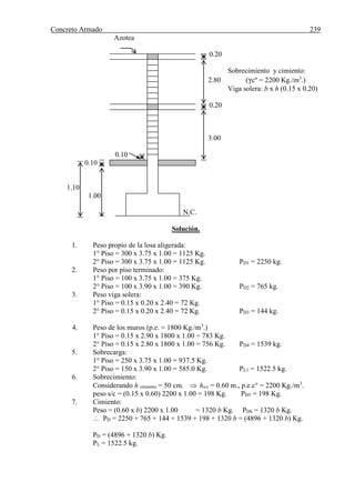Concreto Armado 239
Azotea
0.20
Sobrecimiento y cimiento:
2.80 (γcº = 2200 Kg./m3
.)
Viga solera: b x h (0.15 x 0.20)
0.20
3.00
0.10
0.10
1.10
1.00
N.C.
Solución.
1. Peso propio de la losa aligerada:
1° Piso = 300 x 3.75 x 1.00 = 1125 Kg.
2° Piso = 300 x 3.75 x 1.00 = 1125 Kg. PD1 = 2250 kg.
2. Peso por piso terminado:
1° Piso = 100 x 3.75 x 1.00 = 375 Kg.
2° Piso = 100 x 3.90 x 1.00 = 390 Kg. PD2 = 765 kg.
3. Peso viga solera:
1° Piso = 0.15 x 0.20 x 2.40 = 72 Kg.
2° Piso = 0.15 x 0.20 x 2.40 = 72 Kg. PD3 = 144 kg.
4. Peso de los muros (p.e. = 1800 Kg./m3
.)
1° Piso = 0.15 x 2.90 x 1800 x 1.00 = 783 Kg.
2° Piso = 0.15 x 2.80 x 1800 x 1.00 = 756 Kg. PD4 = 1539 kg.
5. Sobrecarga:
1° Piso = 250 x 3.75 x 1.00 = 937.5 Kg.
2° Piso = 150 x 3.90 x 1.00 = 585.0 Kg. PL1 = 1522.5 kg.
6. Sobrecimiento:
Considerando h cimiento = 50 cm.  hs/c = 0.60 m., p.e.c° = 2200 Kg./m3
.
peso s/c = (0.15 x 0.60) 2200 x 1.00 = 198 Kg. PD5 = 198 Kg.
7. Cimiento:
Peso = (0.60 x b) 2200 x 1.00 = 1320 b Kg. PD6 = 1320 b Kg.
 PD = 2250 + 765 + 144 + 1539 + 198 + 1320 b = (4896 + 1320 b) Kg.
PD = (4896 + 1320 b) Kg.
PL = 1522.5 kg.
 