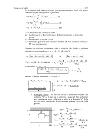 Concreto Armado 249
La resistencia del concreto al corte por punzonamiento es igual a la menor
determinada por las siguientes expresiones:
)1(...................'
4
227.0 dbcfVc o
c








)2(...................'227.0 dbcf
b
d
Vc o
o
s








dbcfVc o'1.1 ..................................... (3)
Vc = Resistencia del concreto al corte.
βc = Coeficiente de la dimensión mayor de la columna entre la dimensión
menor.
bo = Perímetro de la sección crítica.
αs = Parámetro igual a 40 para columnas internas, 30, Para columnas externas y
20, para las esquineras.
Nosotros en adelante utilizaremos sólo la ecuación (3), donde el esfuerzo
unitario por punzonamiento es cfvc '1.1 (Kg./cm2
.)
 Vup = Pu – σnu (b + d) (t+d) ó Vup = σnu (Az - Ap)
Vup = σnu [A x B – (b+d)(t+d)] ;
   
db
dtdbBA
db
Vup
v
o
nu
o
up





/
Para diseño : vup = vuc 
    cf
db
dtdbBA
o
nu
'1.1


;
BA
Pu
nu


De esta expresión obtenemos el valor de “d” ;
dc = r.e. + Øb = 7.5 +Ø ¾” ≈ 9.5 cm.
d dc = 9.5 cm.  h = d + dc
r.e dc
c. Corte por flexión.- La sección crítica se encuentra ubicado a la
distancia “d” de la cara de la columna o pedestal. Para columnas
con planchas de acero en la base se ubica a la distancia “d” de la
sección media entre la cara de la columna o pedestal y el borde de la
plancha.
(2) Eje X:  dmB
Vu
nu 

1
B b d Eje Y:
 




dmAVu nu2
t
 
dB
dmB
Bd
Vu
v nu
u





/1
1 = σnu (m-d)
A (1)
 
dA
dnA
Ad
Vu
v nu
u





/2
2 = σnu (n-d)
Ф d
Ф d
 
