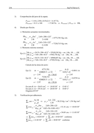 254 Ing°S.Chávez C.
3) Comprobación del peso de la zapata.
Pzapata = 3.10 x 2.90 x 0.55x2.4 = 11.87 Tn.
Pzasumido = 0.11 x 160 = 17.60 Tn.  Pzasumido ≥ Pzreal  OK.
4) Diseño por flexión.
-) Momentos actuantes incrementados.
 
701,771'6
90.02
12529069.2
2
22
1







mBMu nu
Kg.-cm.
 
715,238'7
90.02
12531069.2
2
22
2







nAMu nu
Kg.-cm.
-) Momento máximo nominal.
Eje (1)





........./.756,442'45.4529040.7
......../..245,630'325.4529035.54
1
2
min
1
2
max
OKMucmKgMn
OKMucmKgMn


Eje (2)





........./.154,749'45.4531040.7
......../..607,880'345.4531035.54
2
2
min
2
2
max
OKMucmKgMn
OKMucmKgMn


Calculo de las áreas de acero:
Eje (1)
 2/5.454200
701,771'6
a
As

 ,
Bcf
fyAs
a
'85.0
 = 0.0811 As
a = 2.97 As = 36.63 a = 2.97
Eje (2)
 2/5.454200
715,238'7
a
As

 ,
Acf
fyAs
a
'85.0
 = 0.0759 As
a = 2.97 As = 39.16 a = 2.97
En cara B: As = 36.63 cm2
. <> 18 Ø 5/8” ó 13 Ø ¾”
En cara A: As = 39.16 cm2
. <> 20 Ø 5/8” ó 14 Ø ¾”
Elegimos Ø 5/8”
5) Verificación por adherencia.



jd
Vu
nec
u
o

/
 56/.33.58
59.1
2104.6 2
 cmKgu Kg./cm2
.
 
16.51
5.4588.05685.0
12529069.2
1





 jd
mB
neco
u
nu


cm. <> 10 Ø 5/8”
 
69.54
5.4588.05685.0
12531069.2
2





 jd
nA
neco
u
nu


cm. <> 11 Ø 5/8”
   1nec 10 Ø 5/8” ≤  diso 18 Ø 5/8” conforme
  2nec 11 Ø 5/8” ≤  diso 20 Ø 5/8” conforme
 