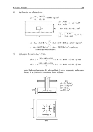 Concreto Armado 255
6) Verificación por aplastamiento:
83.100
6040
000,242



Ag
Pu
fu Kg./cm2
.
07.2
60.0
40.0
10.3
 Xo
Xo
0.40 Xo A2 = 3.10 x Xo = 6.42 cm2
.
0.60 .
17.5
60.040.0
42.6
1
2



A
A
> 2
9.249221070.085.0'85.0
1
2

A
A
cffuac Kg./cm2
.
83.100 fu Kg./cm2
. ≤ fuac = 249.9 Kg./cm2
., conforme.
No falla por aplastamiento.
7) Colocación del acero, Smax = 30 cm.
En B: 16.0
17
016.015.090.2


S  Usar: 18 Ø 5/8” @ 0.16
En A: 15.0
19
016.015.010.3


S  Usar: 20 Ø 5/8” @ 0.15
nota: Dado que la relación del lado A al lado B, no es importante, las barras en
la cara A, se distribuyen también en forma uniforme.
3.10
 