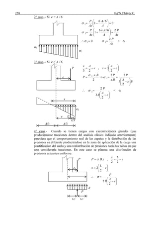 258 Ing°S.Chávez C.
2° caso .- Si e = A / 6
0
6/6
11 






A
A
Az
P

Az
P
A
A
Az
P 26/6
12 




 

Az
P2
0 21   < σt
σ1
σ2
3° caso .- Si e > A / 6
P 





 e
A
xe
Ax
2
3,
23
e
Be
A
P
Bx
PBx
P








2
3
2
.
2
2
..
2
2










e
A
B
P
2
3
2
2 < σt
σ2
e P
x/3
A/3 A/3
4° caso.- Cuando se tienen cargas con excentricidades grandes (que
produciendose tracciones dentro del análisis clásico indicado anteriormente)
pareciera que el comportamiento real de las zapatas y la distribución de las
presiones es diferente produciéndose en la zona de aplicación de la carga una
plastificación del suelo y una redistribución de presiones hacia las zonas en que
uno consideraría tracciones. En este caso se plantea una distribución de
presiones actuantes uniforme.
P e
Lx
xBP 
22
,
e 





 e
L
x
2
2








e
A
B
P
2
2

σ
P
x/2 x/2
x
 