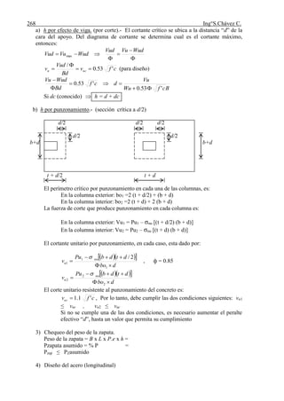 268 Ing°S.Chávez C.
a) h por efecto de viga. (por corte).- El cortante crítico se ubica a la distancia “d” de la
cara del apoyo. Del diagrama de cortante se determina cual es el cortante máximo,
entonces:





WudVuVud
WudVuVud max
cfv
Bd
Vud
v ucu '53.0
/


 (para diseño)
BcfWu
Vu
dcf
Bd
WudVu
'53.0
'53.0




Si dc (conocido)  h = d + dc
b) h por punzonamiento.- (sección crítica a d/2)
d/2 d/2 d/2
d/2 d/2
b+d b+d
t + d/2 t + d
El perímetro crítico por punzonamiento en cada una de las columnas, es:
En la columna exterior: bo1 =2 (t + d/2) + (b + d)
En la columna interior: bo2 =2 (t + d) + 2 (b + d)
La fuerza de corte que produce punzonamiento en cada columna es:
En la columna exterior: Vu1 = Pu1 – σnu [(t + d/2) (b + d)]
En la columna interior: Vu2 = Pu2 – σnu [(t + d) (b + d)]
El cortante unitario por punzonamiento, en cada caso, esta dado por:
   
dbo
dtdbPu
v nu
u



1
1
1
2/
, ф = 0.85
   
dbo
dtdbPu
v nu
u



2
2
2

El corte unitario resistente al punzonamiento del concreto es:
cfvuc '1.1 , Por lo tanto, debe cumplir las dos condiciones siguientes: vu1
≤ vuc , vu2 ≤ vuc
Si no se cumple una de las dos condiciones, es necesario aumentar el peralte
efectivo “d”, hasta un valor que permita su cumplimiento
3) Chequeo del peso de la zapata.
Peso de la zapata = B x L x P.e x h =
Pzapata asumido = % P =
Pzap ≤ PZasumido
4) Diseño del acero (longitudinal)
 