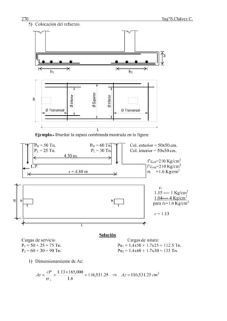 270 Ing°S.Chávez C.
B
L
Ø Tranversal ØInferior Ø Tranversal
ØSuperior
ØInferior
5) Colocación del refuerzo.
h
b1 b2
Ejemplo.- Diseñar la zapata combinada mostrada en la figura:
PD = 50 Tn. PD = 60 Tn. Col. exterior = 50x50 cm.
PL = 25 Tn. PL = 30 Tn. Col. interior = 50x50 cm.
4.30 m.
f’ccol=210 Kg/cm2
L.P. f’czap=210 Kg/cm2
s = 4.80 m σt =1.6 Kg/cm2
c:
1.15 ---- 1 Kg/cm2
1.04---- 4 Kg/cm2
para σt=1.6 Kg/cm2
c = 1.13
Solución
Cargas de servicio Cargas de rotura:
P1 = 50 + 25 = 75 Tn. Pu1 = 1.4x50 + 1.7x25 = 112.5 Tn.
P2 = 60 + 30 = 90 Tn. Pu2 = 1.4x60 + 1.7x30 = 135 Tn.
1) Dimensionamiento de Az:
2
25.531,11625.531,116
6.1
000,16513.1
cmAz
cP
Az
t




 