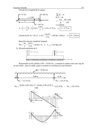 Concreto Armado 271
Cálculo de la longitud de la zapata:
P1=75 Tn. P2=90 Tn.   01M
s = 4.80 P2 S = r R
(1) r (2)
165
80.4902 

R
SP
r
R = 165 Tn. r = 2.62 m.
.75.5.75.574.5
2
50.0
62.222
2
1
mLm
t
rL 












Cálculo de B: Az = B x L  .05.2.20566.202
75.5
531,116
mBcmB 
Reacción neta por unidad de longitud:
10.2./04.43
75.5
5.247
 nuómt
L
Pu
Wu  Kg./cm2
.
2) Dimensionamiento de h.
Reajustando los Pu, debido a Wu = 43.04 t/m., y tratando la zapata como una viga de
un solo tramo , más el volado y para su análisis lo invertimos,lo cual tenemos:
Wu = 43.04 t/m.
.25 4.80 m 0.70
Pu1 = 112.14 Tn. Pu2 = 135.34 Tn.
.34.135;.14.112
80.4
2/70.070.004.432/5.5005.504.43
21 TnPuTnPu 


 