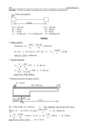 276 Ing°S.Chávez C.
Ejemplo.- Diseñar la zapata conectada cuyos datos se detallan acontinuación :
Límite de propiedad
6.20 m.
b x t = 50 x 50 b x t = 50 x 60
PD = 70 Tn. PD = 100 Tn.
PL = 25 Tn. PL = 45 Tn.
σt = 3.2 Kg./cm2
., f’c = 210 Kg./cm2
., fy = 4200 Kg./cm2
.
Solución
* Zapata exterior.
Estimación: 21
625,35
2.3
9520.120.1
cm
P
Az
t




B = 2 A  Az = B x A = 2 A2
= Az  46.133
2
625,35
A
usar: A = 1.35 m (definitivo)
* Viga de conexión .-
805.77
8
620
87


 h
S
h cm.
5049.0
20.631
95
31
1


 b
S
P
b cm.
usar: b x h = 0.50 x 0.80 m
* Dimensionamiento de zapata exterior:
P1 = 95 Tn.
.25 Wr = 0.96 t/m.
(2)
A = 1.35
0.675 5.775
R1
Wv = 0.50 x 0.80 x 2.4 = 0.96 t/m.  Wv = 0.96 t/m. (peso propio de la viga ).
45.105
2
45.696.0
20.6775.5:0 1
2
112 

 RPRM Tn.
.45.2.44.2
30.3
30.3
32
45.105 21
mBm
A
BBAm
R
Az
t


usar: B x A = 2.45 x 1.35 m , Az = 3.31 m2
.
 